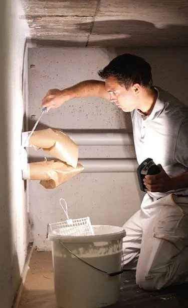 Řemeslník osvětluje úzkou tmavou místnost s Pracovní svítilnou Festool v jedné ruce a s nářadím v druhé.